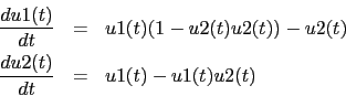 \begin{eqnarray*}
\frac{ d u1(t) }{ d t } & = &u1(t) ( 1 - u2(t) u2(t) ) - u2(t) \\
\frac{ d u2(t) }{ d t } & = & u1(t) - u1(t) u2(t)
\end{eqnarray*}