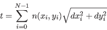 \begin{displaymath}
t = \sum_{i=0}^{N-1}\,n(x_i, y_i) \sqrt{dx_i^2+dy_i^2}
\end{displaymath}